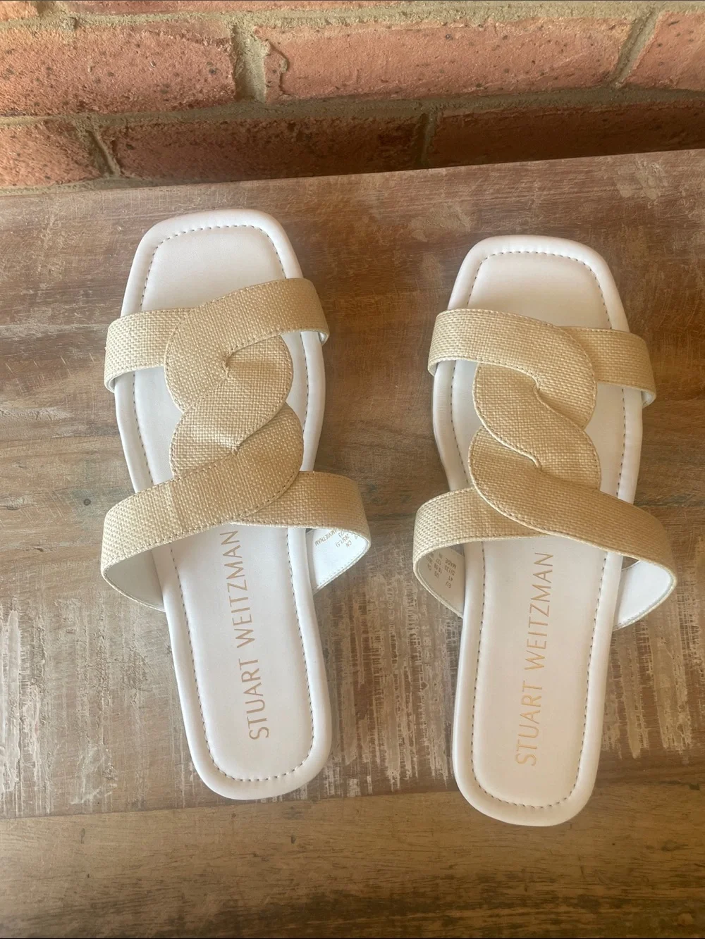 Stuart Weitzman Women’s Tan Braided Double-Strap Slide Sandals